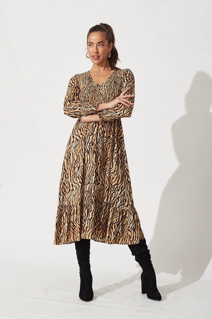 Rosalie Midi Dress in Brown Animal Print - Full Length