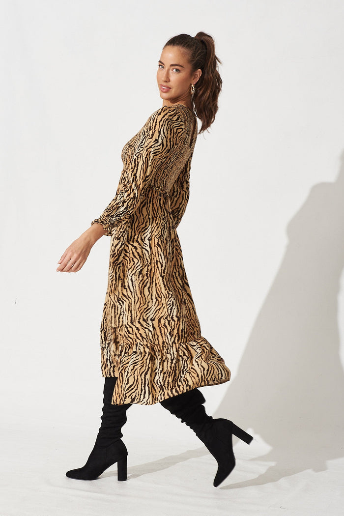 Rosalie Midi Dress in Brown Animal Print - Side