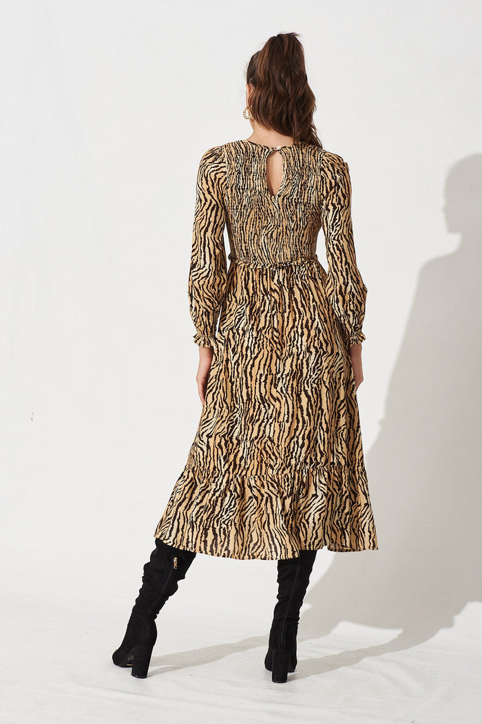 Rosalie Midi Dress in Brown Animal Print - Back