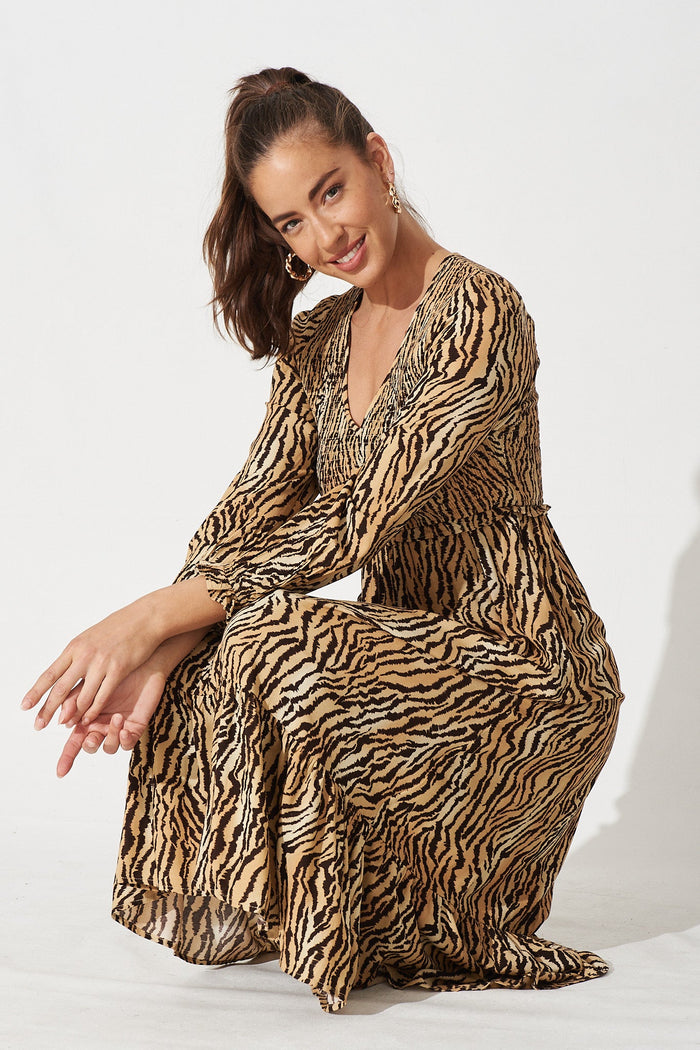 Rosalie Midi Dress in Brown Animal Print - Detail