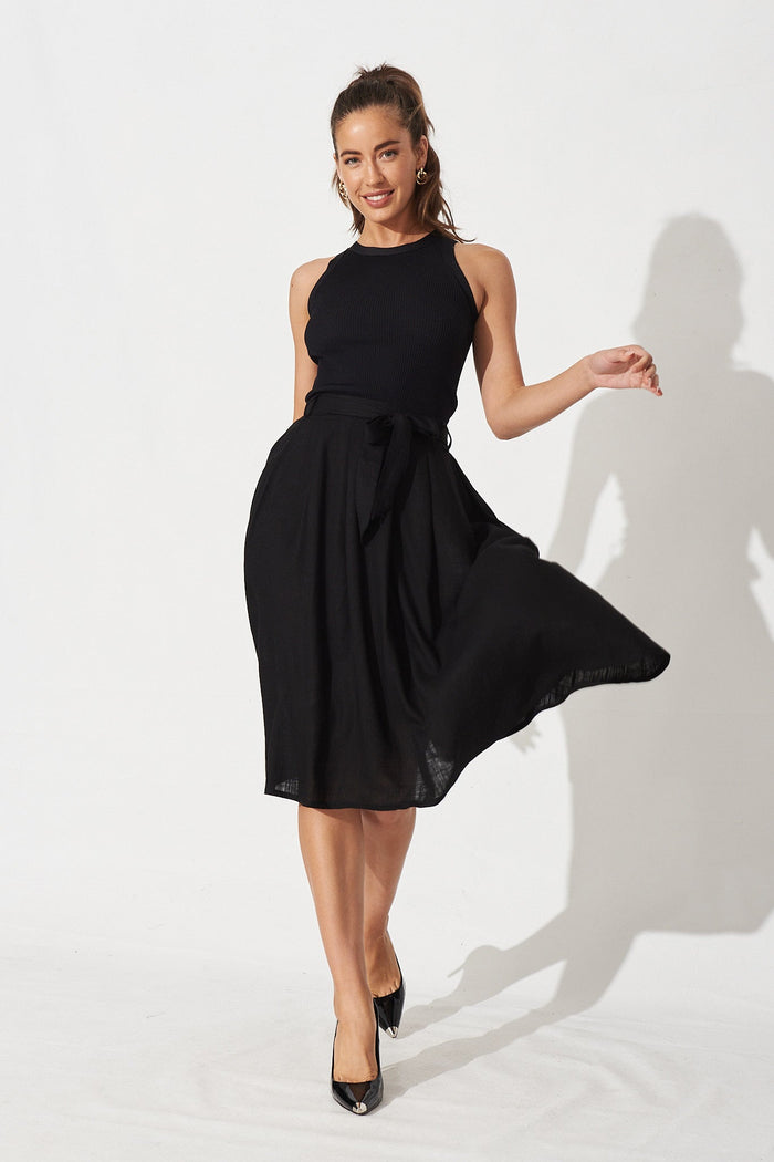 Bailey Midi Skirt In Black Linen - Full Length