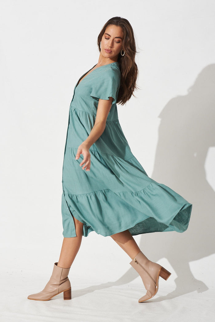Marvela Midi Shirt Dress in Teal Linen Blend - Side
