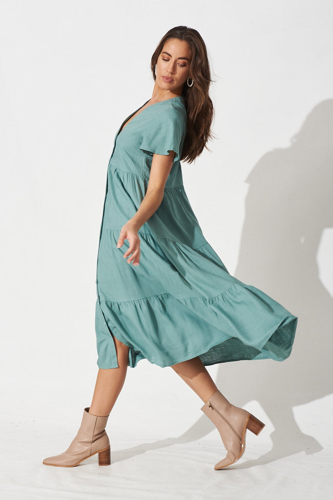 Marvela Midi Shirt Dress in Teal Linen Blend - Side