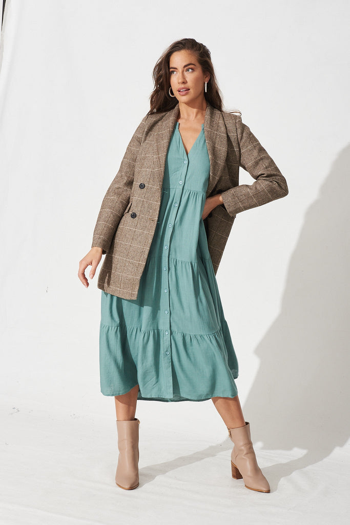 Marvela Midi Shirt Dress in Teal Linen Blend - Full Length Styling