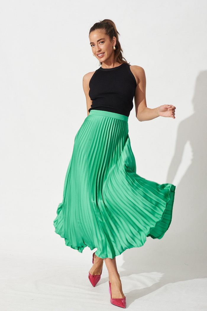 Allie Midi Pleat Skirt In Green Satin - St Frock (Dev)