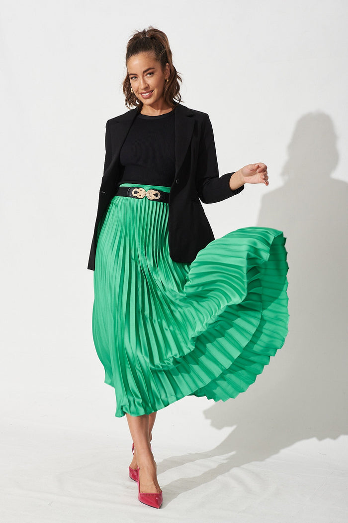 Allie Midi Pleat Skirt In Green Satin - St Frock (Dev)