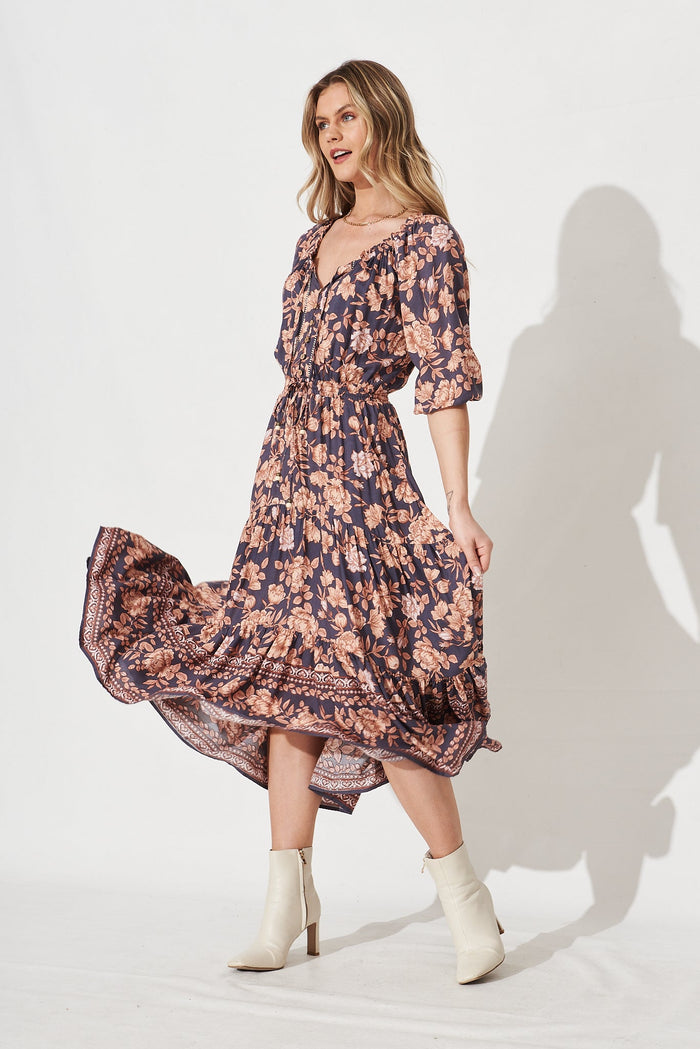Kellie Midi Dress In Navy Floral - Full Length