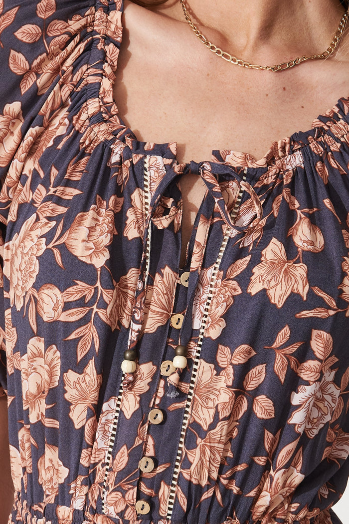 Kellie Midi Dress In Navy Floral - Detail