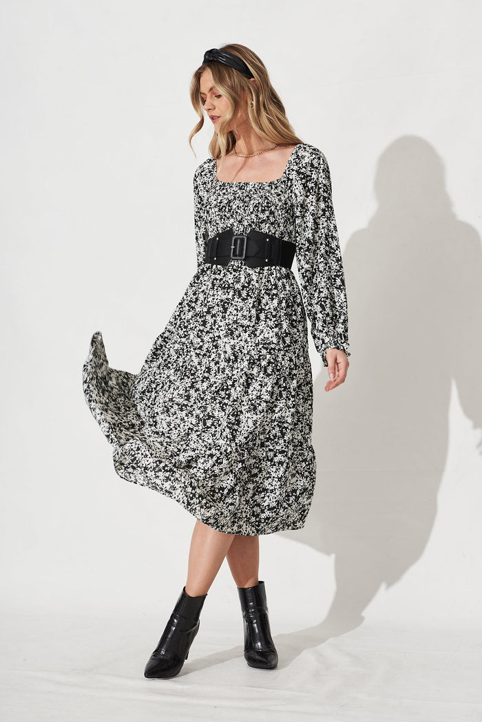 Archana Midi Dress In Black With White Floral - Full Length