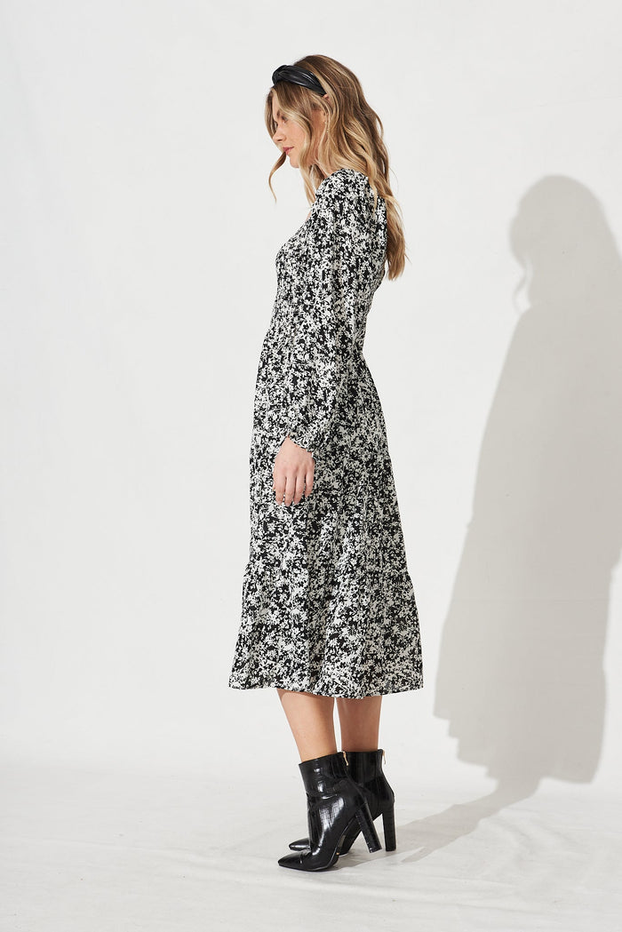 Archana Midi Dress In Black With White Floral - Side