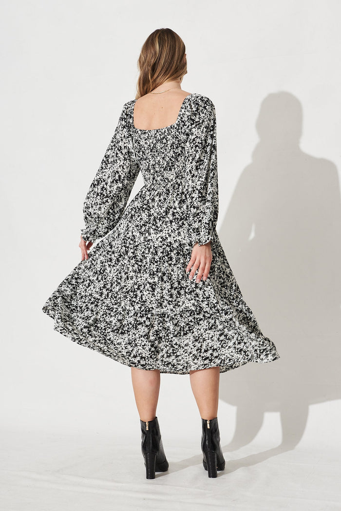 Archana Midi Dress In Black With White Floral - Back