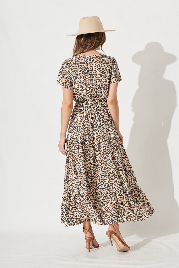 Elxi Maxi Dress in Brown Leopard Print - Back