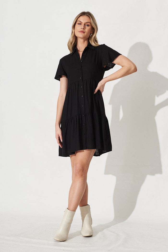 Shazia Shirt Dress In Black Linen Blend - Full Length