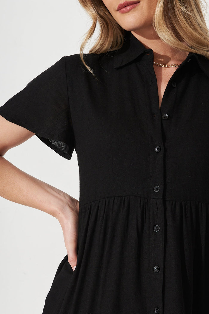 Shazia Shirt Dress In Black Linen Blend - Detail