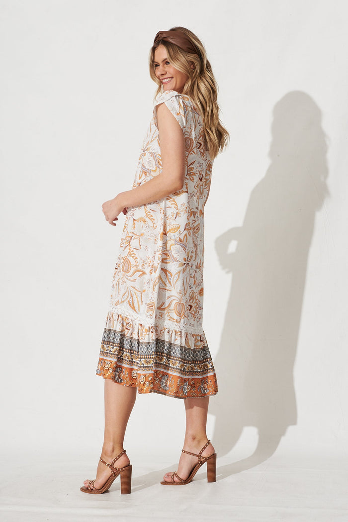 Valent Midi Shirt Dress in White with Mustard Paisley Boho - Side