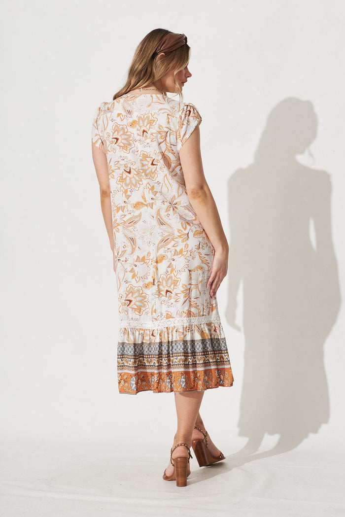 Valent Midi Shirt Dress in White with Mustard Paisley Boho - Back