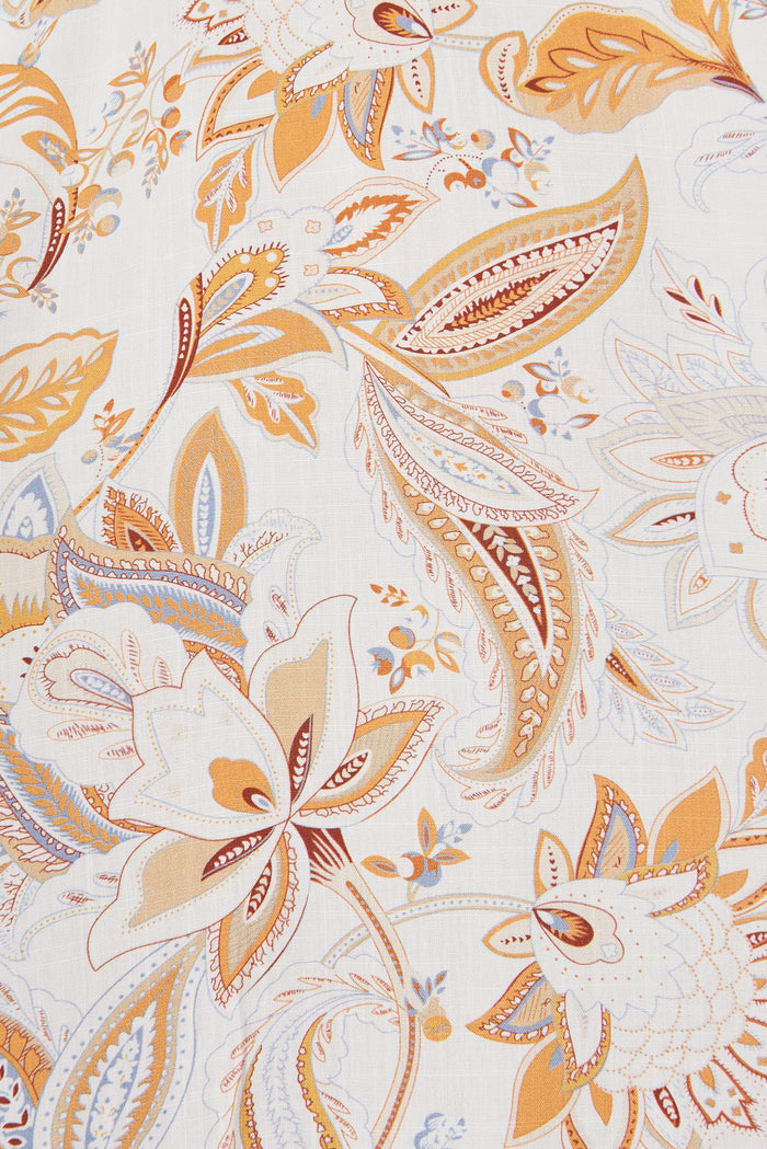 Valent Midi Shirt Dress in White with Mustard Paisley Boho - Fabric
