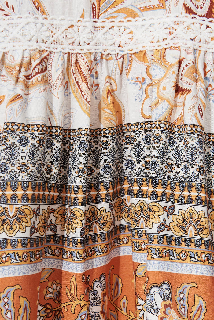 Valent Midi Shirt Dress in White with Mustard Paisley Boho - Fabric