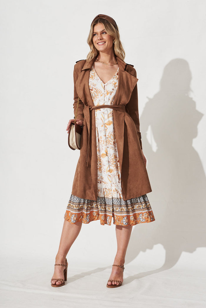 Valent Midi Shirt Dress in White with Mustard Paisley Boho - Full Length Styling