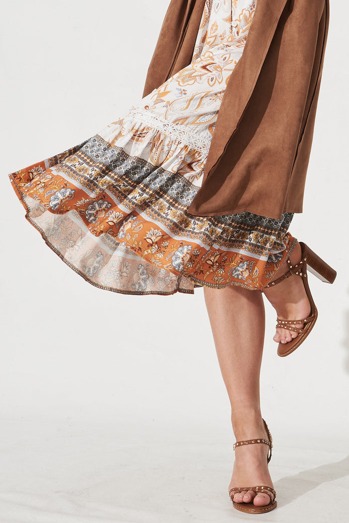 Valent Midi Shirt Dress in White with Mustard Paisley Boho - Detail