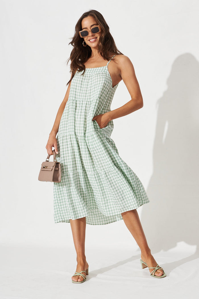 Perry Midi Dress in Green and White Gingham - front