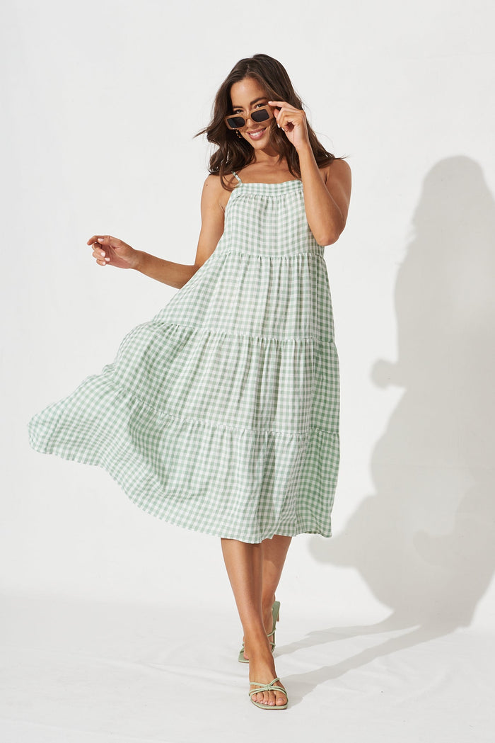 Perry Midi Dress in Green and White Gingham - front