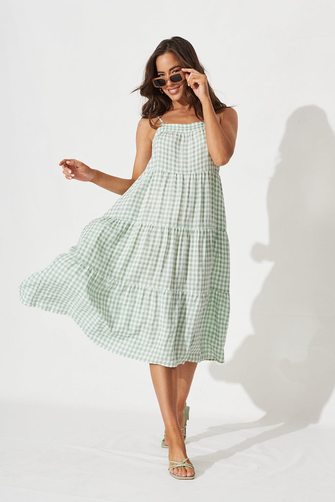 Perry Midi Dress in Green and White Gingham - front