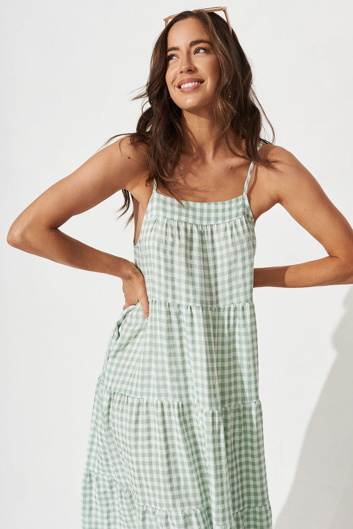 Perry Midi Dress in Green and White Gingham - front