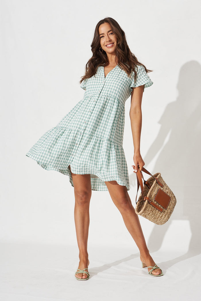 Shelta Shirt Dress in White and Green Gingham - front