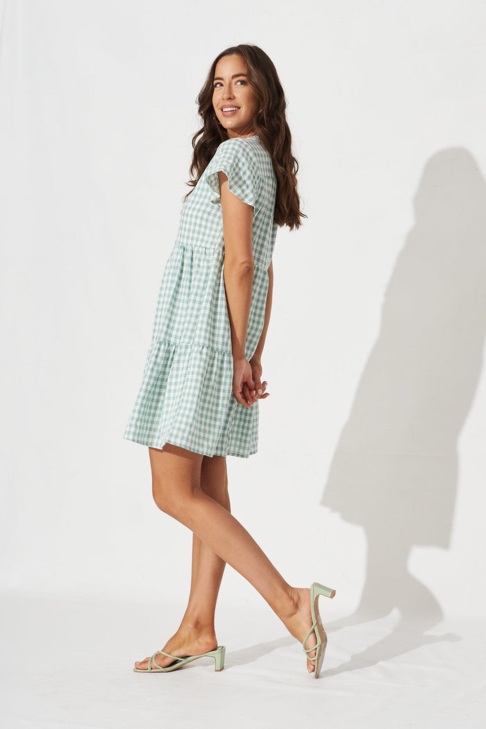 Shelta Shirt Dress in White and Green Gingham - side