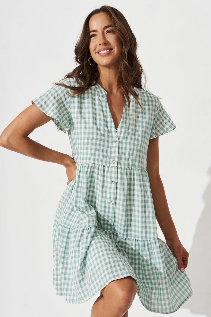 Shelta Shirt Dress in White and Green Gingham - front