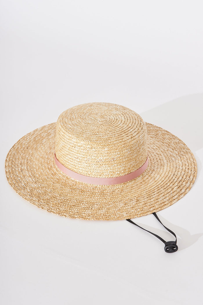 August + Delilah Caster Straw Hat In Brown With Pink Ribbon - front