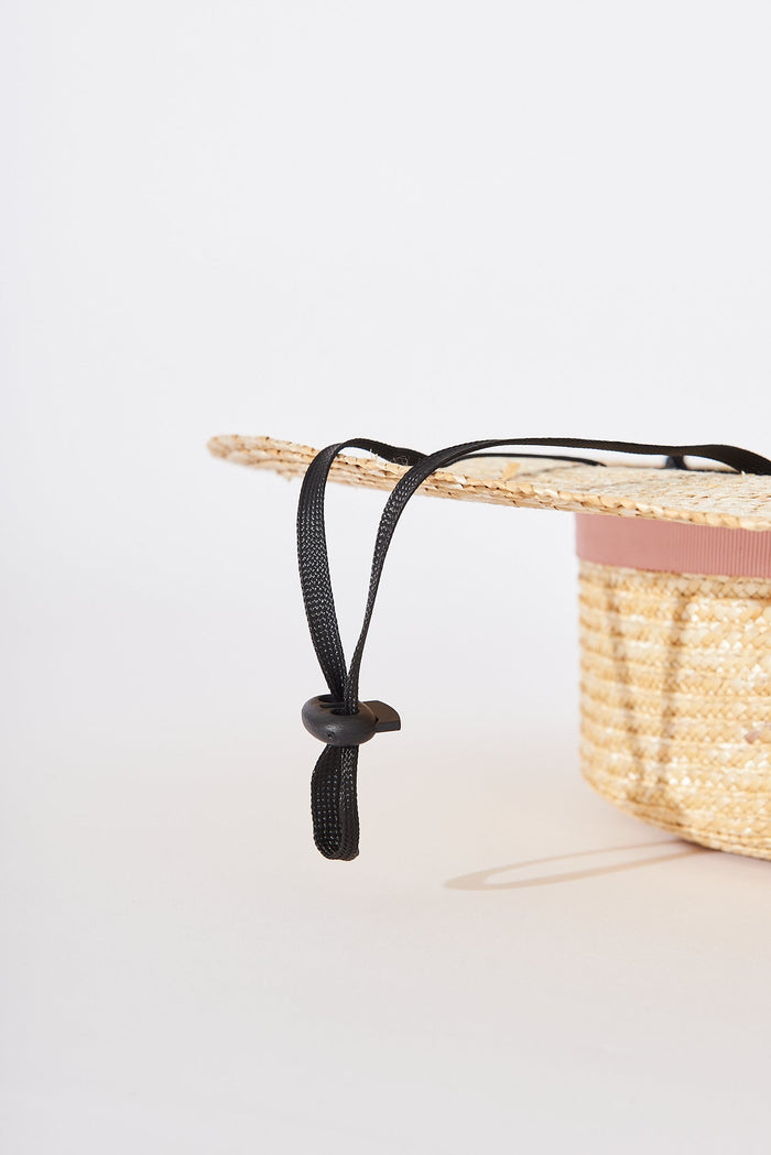August + Delilah Caster Straw Hat In Brown With Pink Ribbon - detail