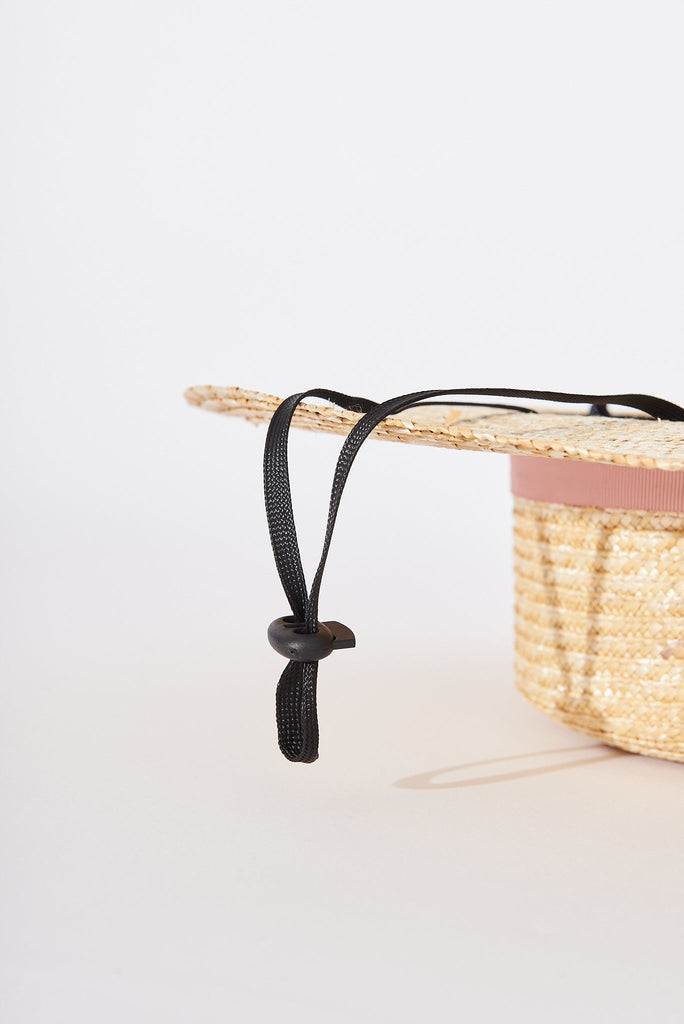 August + Delilah Caster Straw Hat In Brown With Pink Ribbon - detail