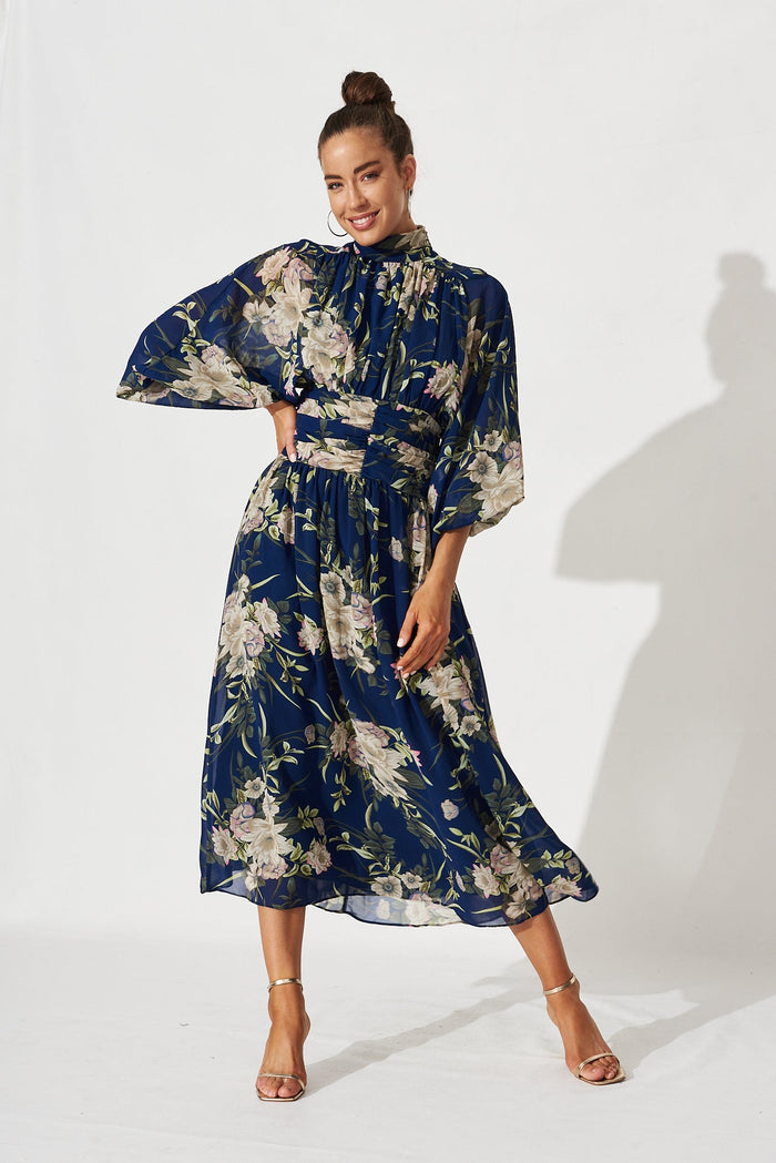 Rosamund Maxi Dress In Navy With Beige Floral Chiffon - front
