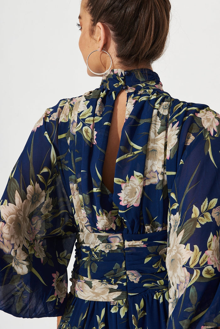 Rosamund Maxi Dress In Navy With Beige Floral Chiffon - back detail