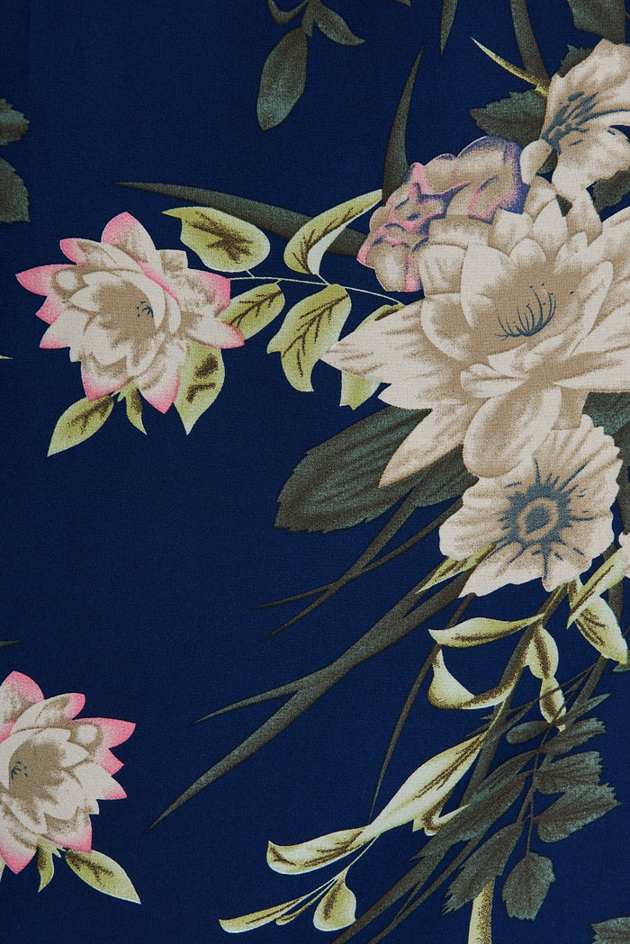 Rosamund Maxi Dress In Navy With Beige Floral Chiffon - fabric