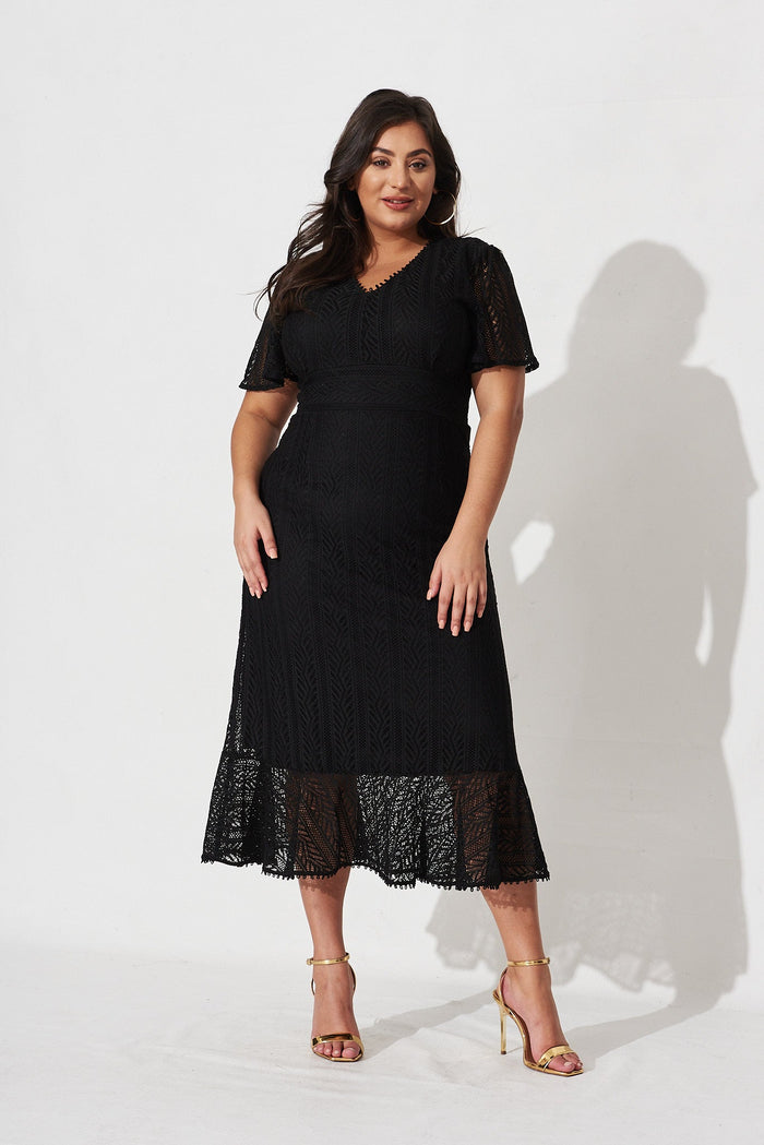 Lorena Midi Dress in Black Lace - full length