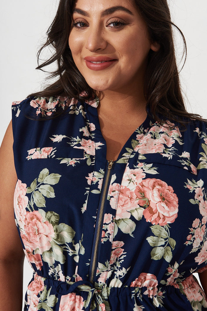 Downtown Dress in Navy with Blush Multi Floral - detail