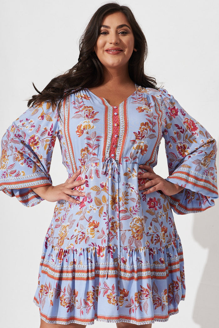 Norella Dress in Blue with Red Boho Floral - front