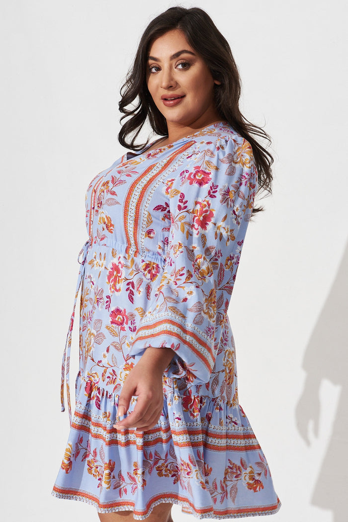 Norella Dress in Blue with Red Boho Floral - side