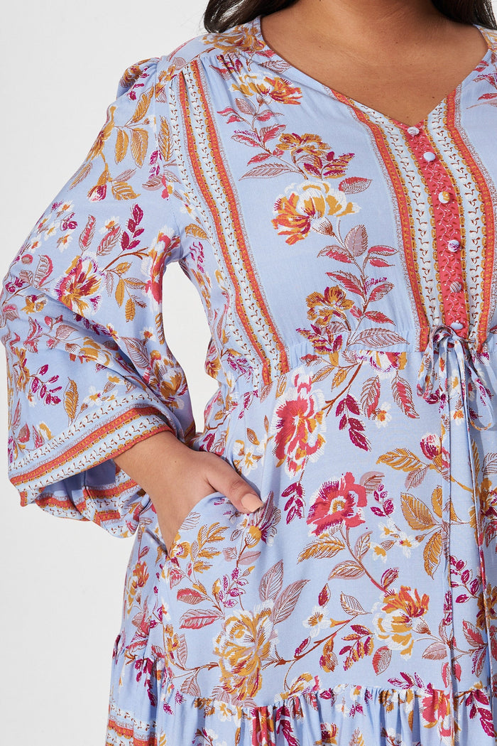 Norella Dress in Blue with Red Boho Floral - detail