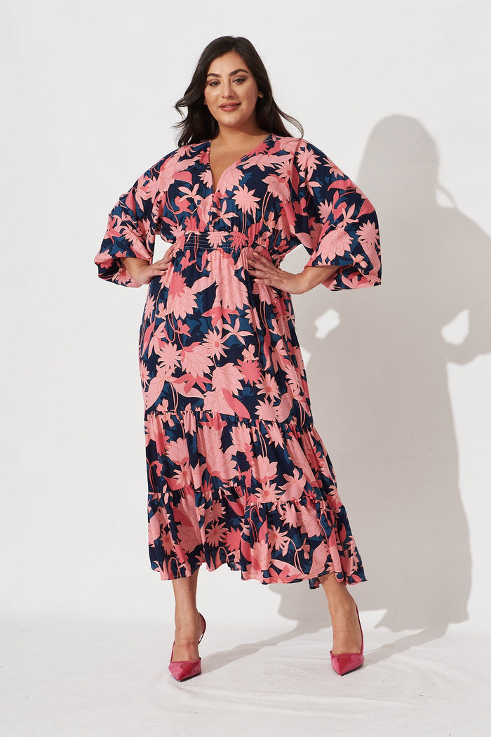 Lavinia Midi Dress In Teal With Blush Floral Satin - full length