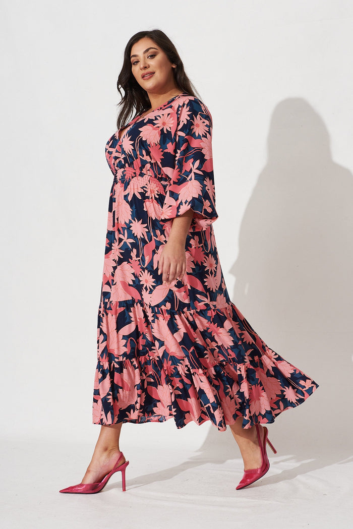 Lavinia Midi Dress In Teal With Blush Floral Satin - side