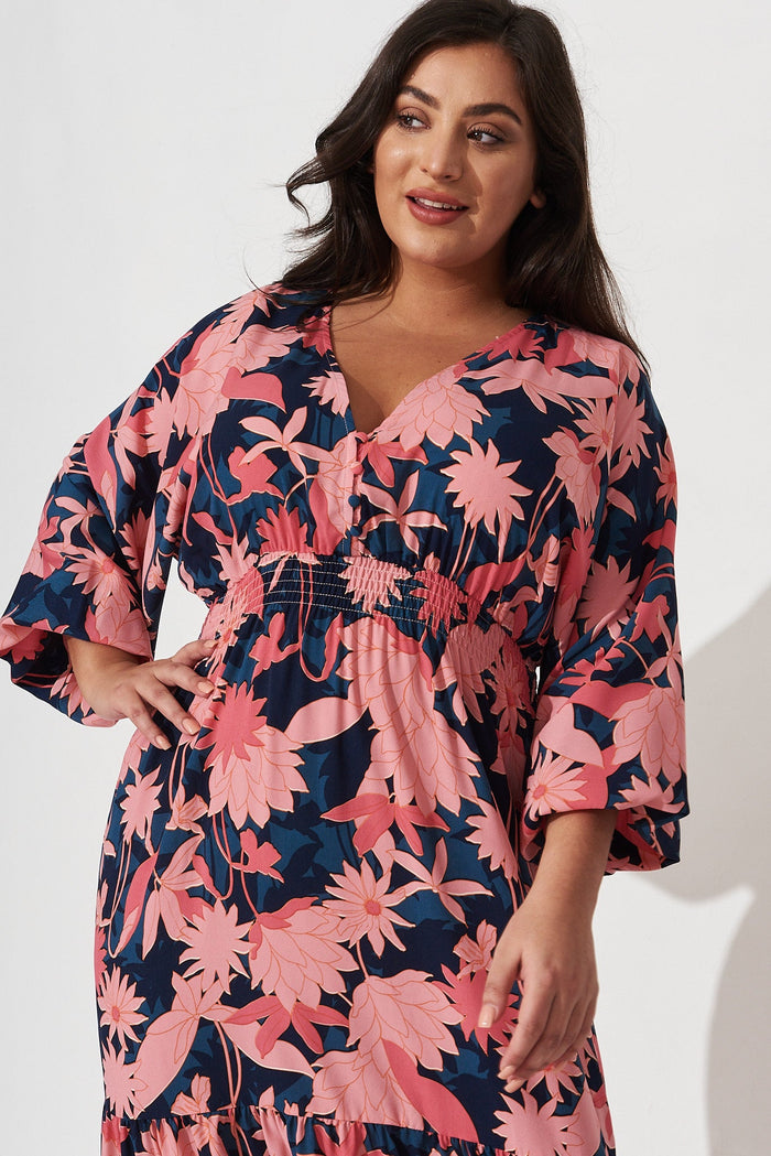 Lavinia Midi Dress In Teal With Blush Floral Satin - front