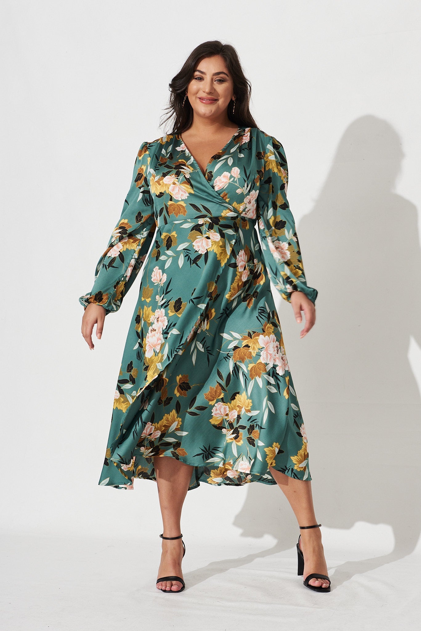 Mackenzie Midi Wrap Dress In Green With Blush Floral Satin - full length