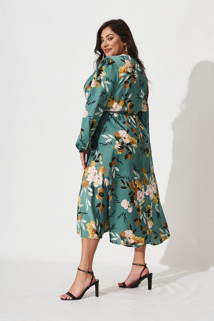 Mackenzie Midi Wrap Dress In Green With Blush Floral Satin - side