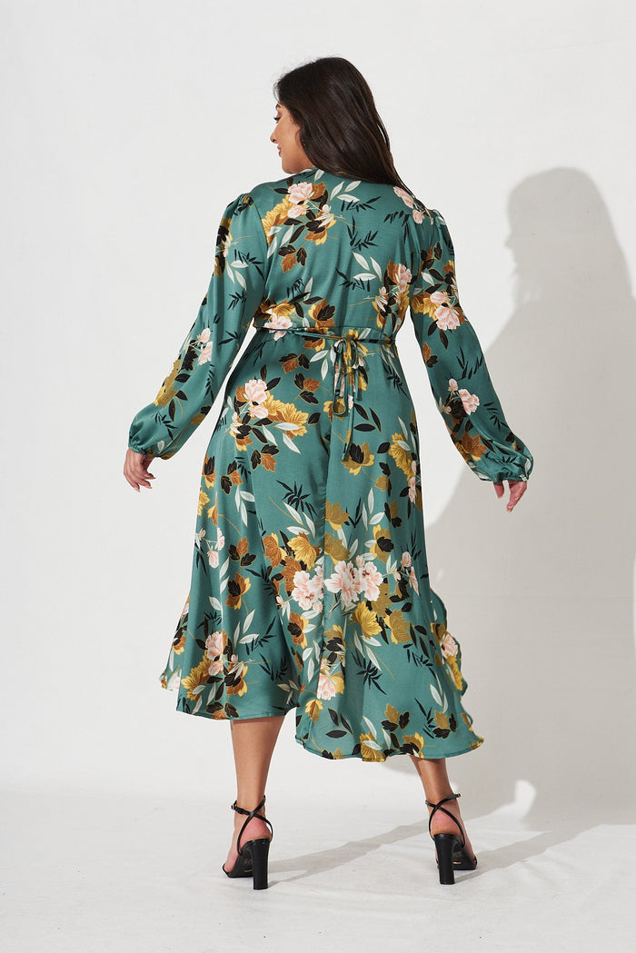Mackenzie Midi Wrap Dress In Green With Blush Floral Satin - back