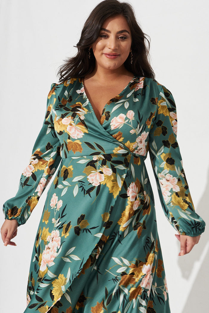 Mackenzie Midi Wrap Dress In Green With Blush Floral Satin - front