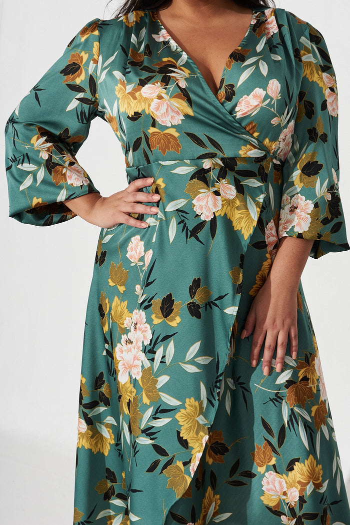 Mackenzie Midi Wrap Dress In Green With Blush Floral Satin - detail